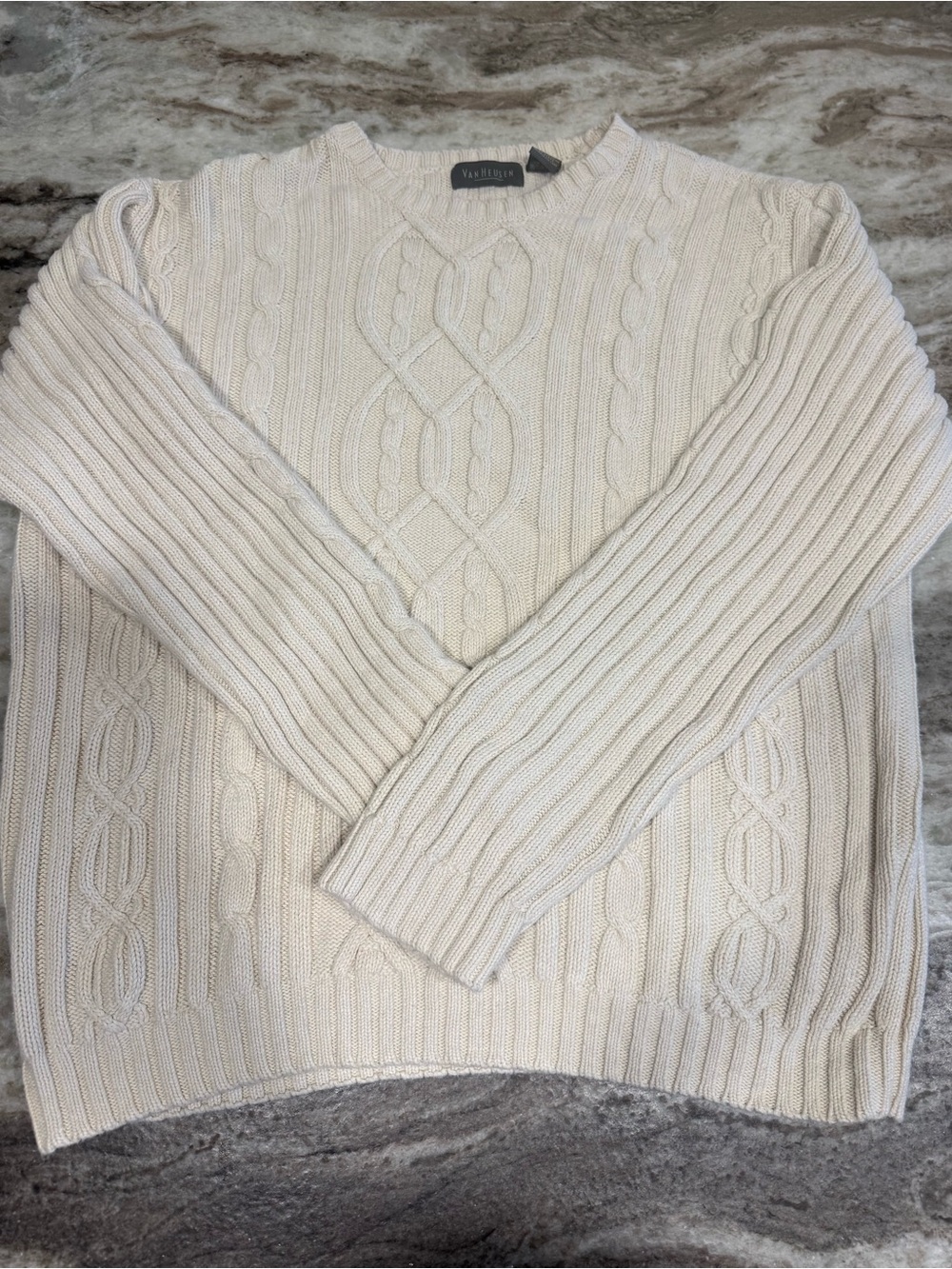 Vintage Van Huesen Cream Cable-Knit Crewneck Sweater